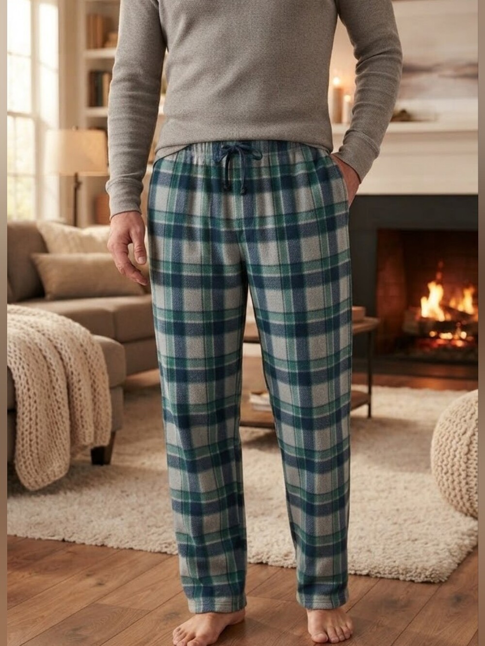 Nevada Men's Plaid Fleece Pajama Pants Blue Green Gray Size XL